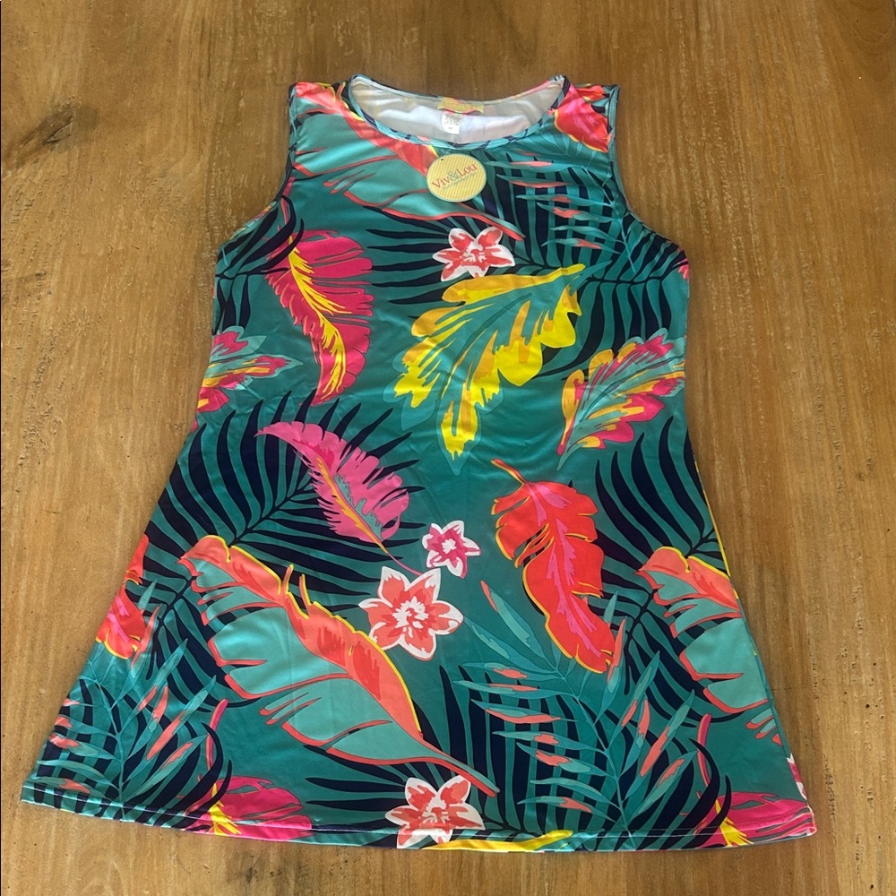 Tropical Print Sleeveless A-Line Dress Floral Summer‎ Sundress Women's S/M
